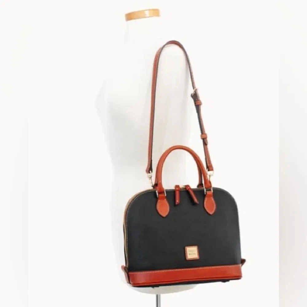 Dooney & Bourke Pebble Grain Zip Around Satchel Black & Cognac Brown Leather Bag
